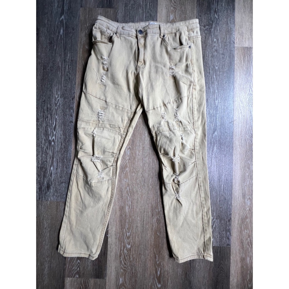 Blind Trust Distressed Moto Jeans Mens 42x32 Tan Khaki Ripped Streetwear Pants